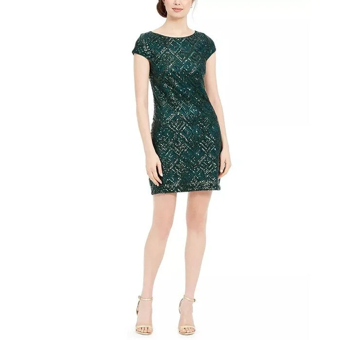 Vince Camuto Women's Sequin Cap Sleeve Shift Hunter Dark Green Size 8 Sequin Dress Fit