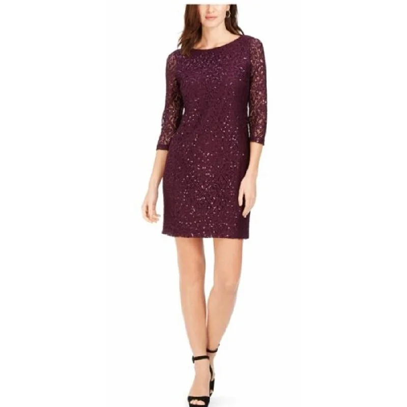 Jessica Howard Women's Petite Sequined-Lace Dress Dark Purple Size 14 Sequin Dress Glam