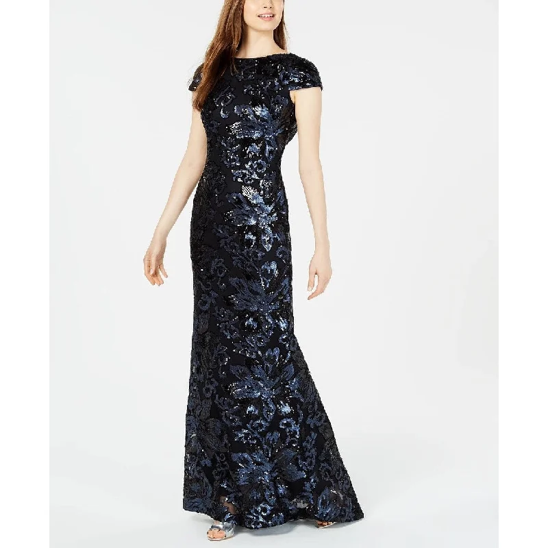 Calvin Klein Women's Sequin Cowl Back Gown Blue Size 10 Off-shoulder Sequin