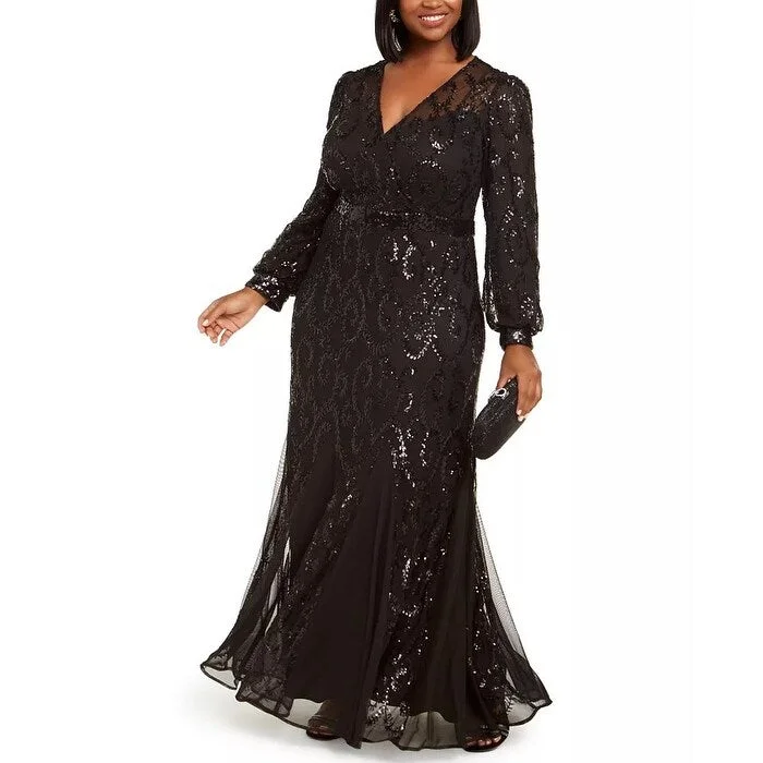 R & M Richards Women's Plus Surplice Sequined Gown Black Size 20W Floor-length Sequin Dress