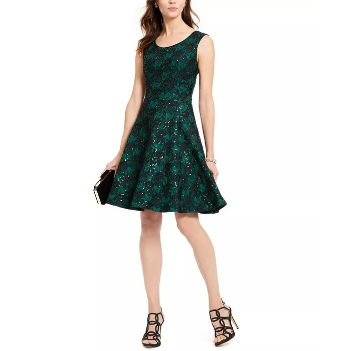 INC International Concepts Women's Sequined Lace Dress Green Size 6 Sequin Cocktail Gown