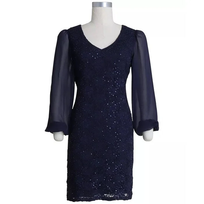 Connected Women's Plus Sequinned Lace Sheath Dress Navy Size 18W Long Sleeve Sequin