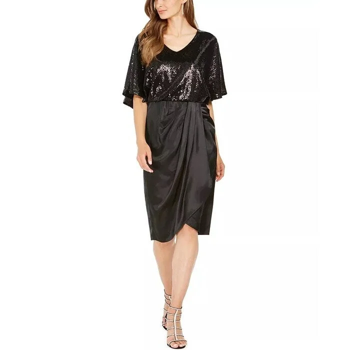 28Th & Park Women's Sequined Draped Blouson Dress Black Size 14 High Neck Sequin