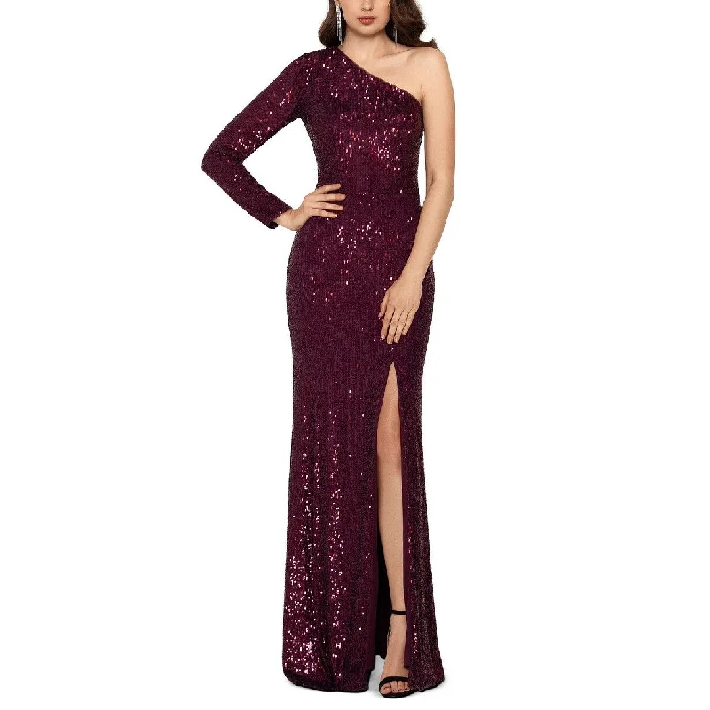 Xscape Women's Sequinned One-Shoulder Gown Purple Size 8 Flared Sequin Dress