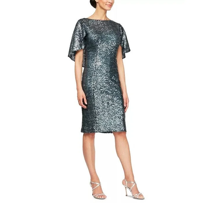 Alex Evenings Women's Sequin Capelet Sheath Dress Green Size 8 Sequin Detail Dress