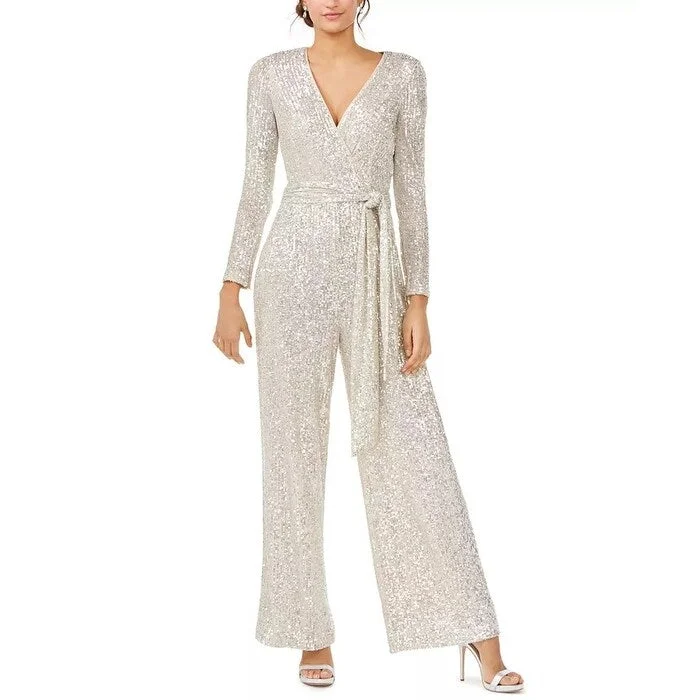 Eliza J Women's Sequinned Surplice Jumpsuit Silver Size 4 Petite - 4 Petite Glitter Sequin Dress