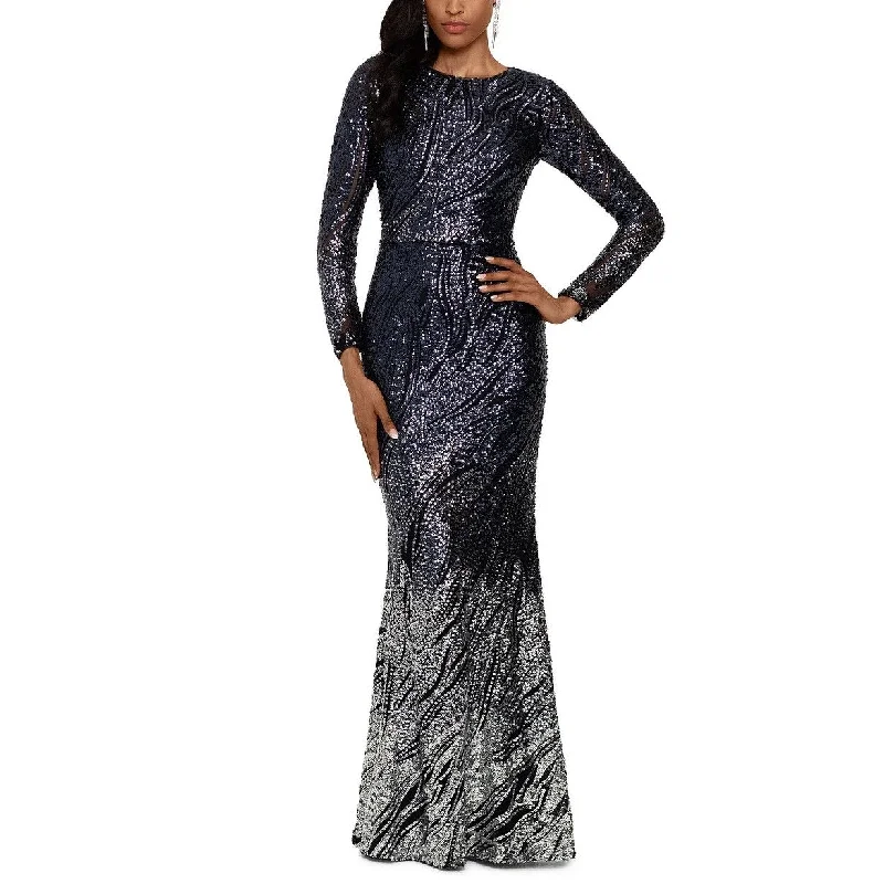 Betsy & Adam Women's Long-Sleeve Ombré Sequined Gown Navy Size 6 Backless Sequin Dress