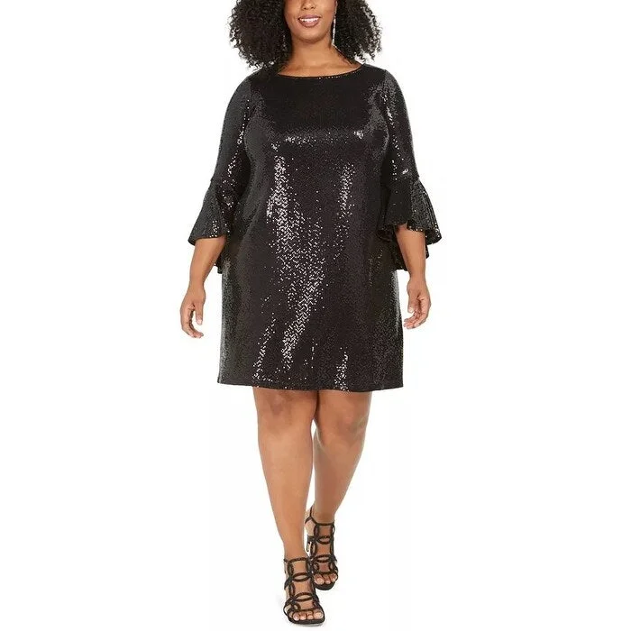 MSK Women's Plus Sequinned Bell Sleeve Dress Black Size 2X Long Sleeve Sequin