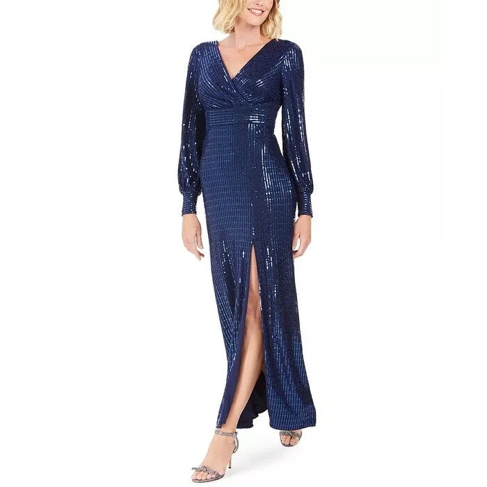 Nightway Women's Sequin Wrap Gown Navy Size 4 Glam Sequin Dress