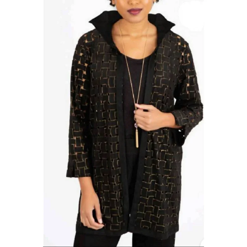 Faux Suede Shimmer Topper In Black With Gold Shimmer Double Button Blazer