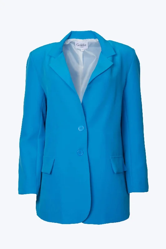 Oversized Single-Breasted Twill Crepe Blazer In Sea Blue Tailored Blazer for Women