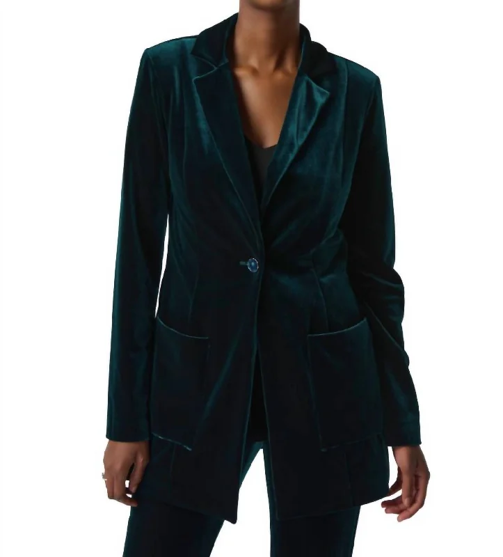 Velvet Blazer With Notch Collar And Pockets In Dark Green Fashionable Women’s Blazer