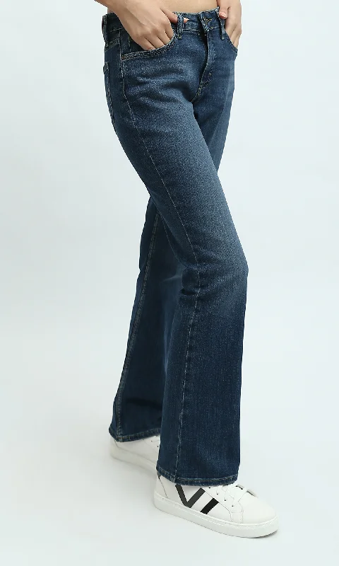 O191698 Solid Dark Blue Wide-Leg Casual Jeans