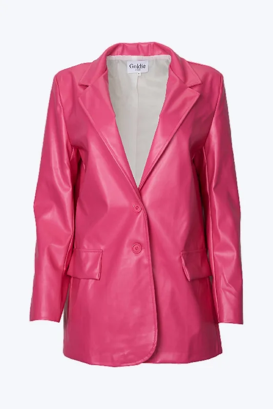 Oversized Single-Breasted Vegan Leather Blazer In Hot Pink Black Blazer Jacket