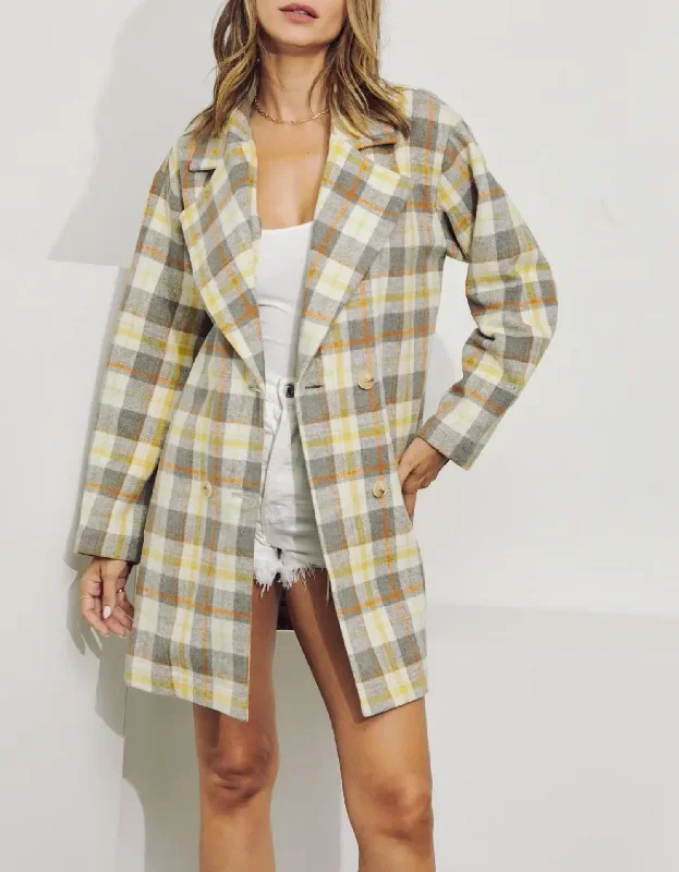 Double-Breasted Oversized Checked Coat In Cream Fitted Blazer Jacket