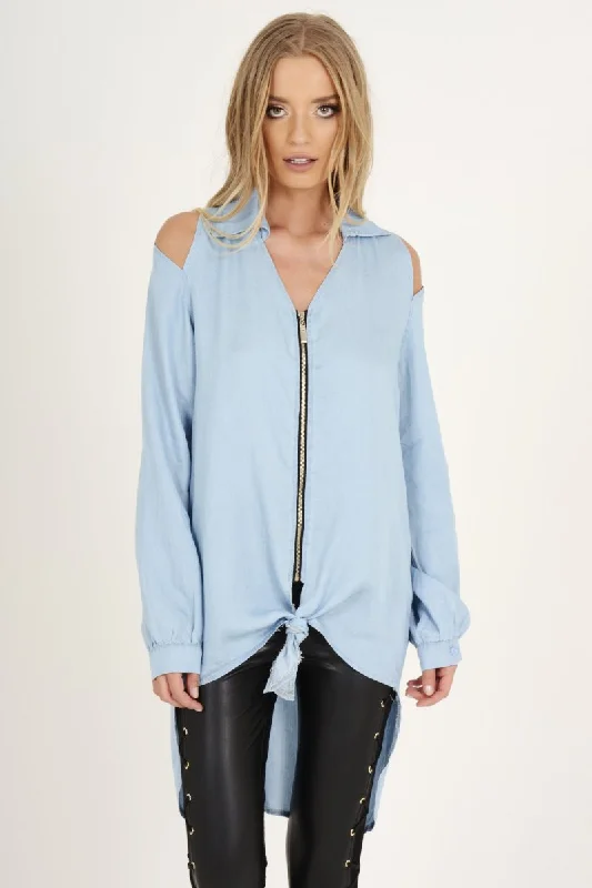 Light Blue Oversized Cold Shoulder Front Zip Shirt - India