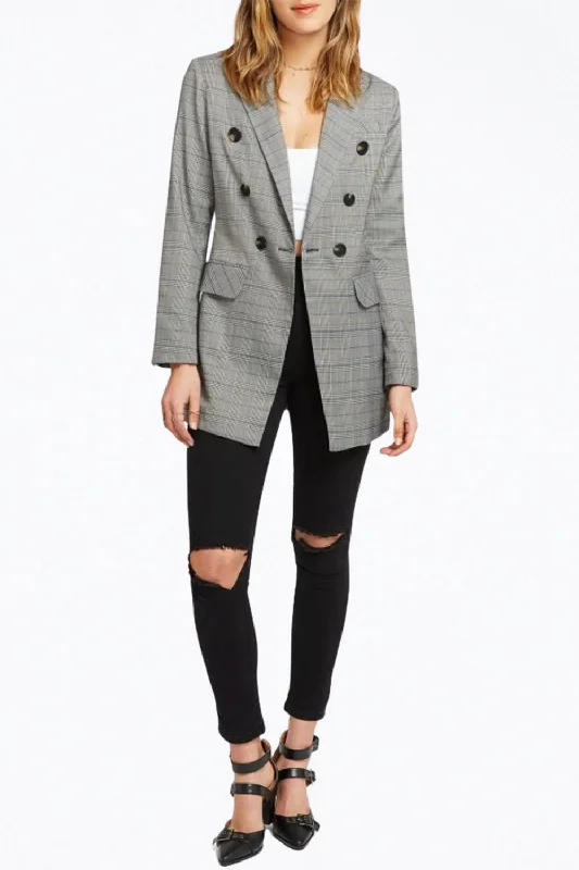 Double-Breasted Prince Of Wales Checked Woven Blazer In Charcoal/blue Blazer with Ruffles