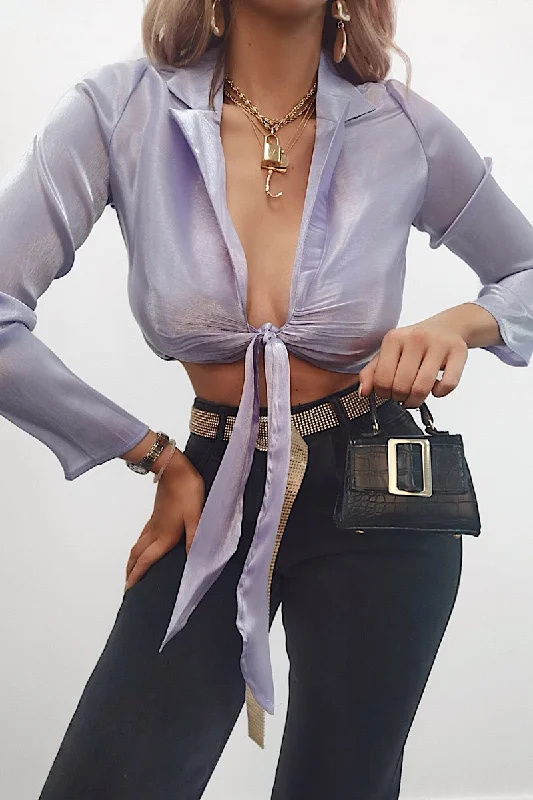 Lilac Shimmery Tie Front Slinky Blouse - Maddie