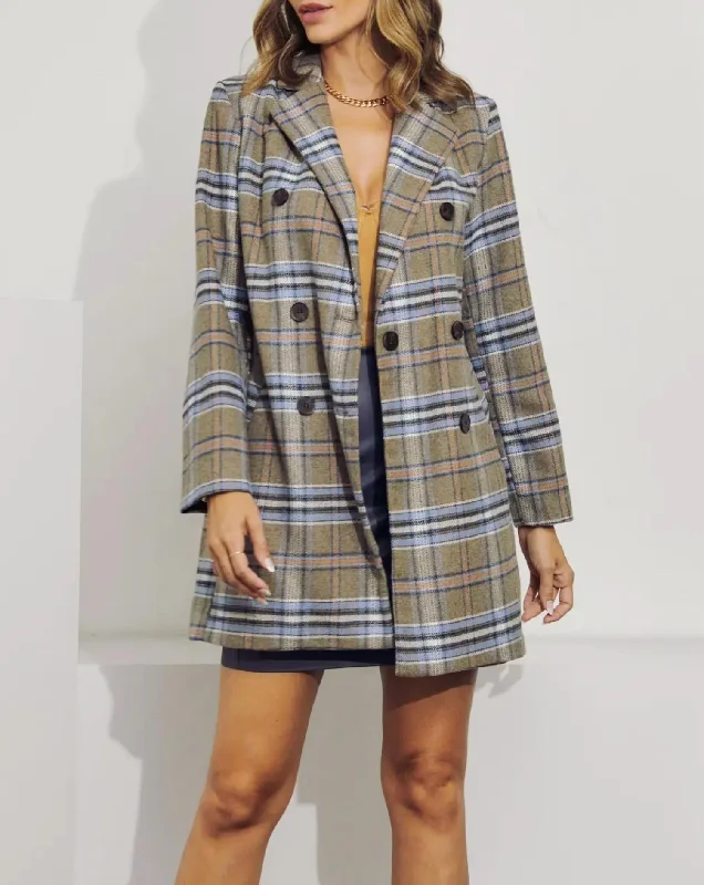 Double-Breasted Checked Coat In Taupe Casual Blazer Outfit