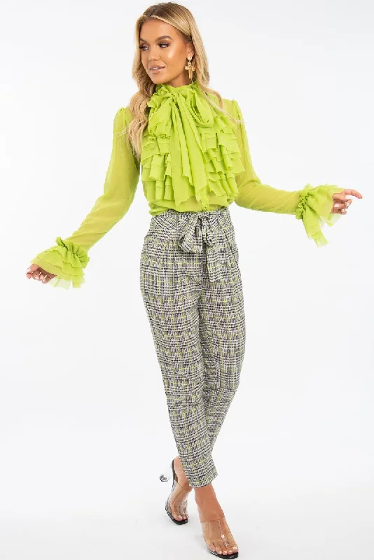 Lime Crepe Ruffle High Neck Shirt - Honey