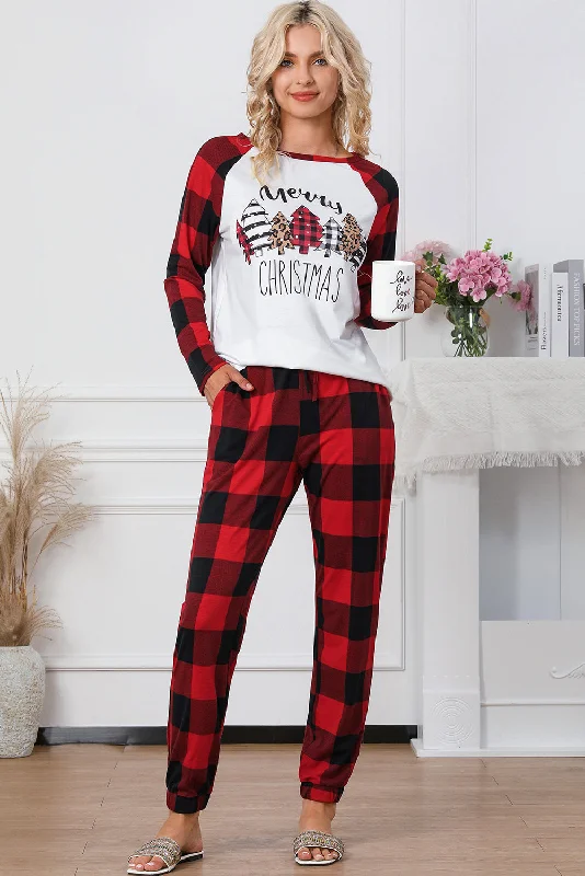 Christmas Pajama Sets | Fiery Red Plaid Merry Christmas Graphic Loungewear Set | Christmas Gift Ideas Winter pajama sets