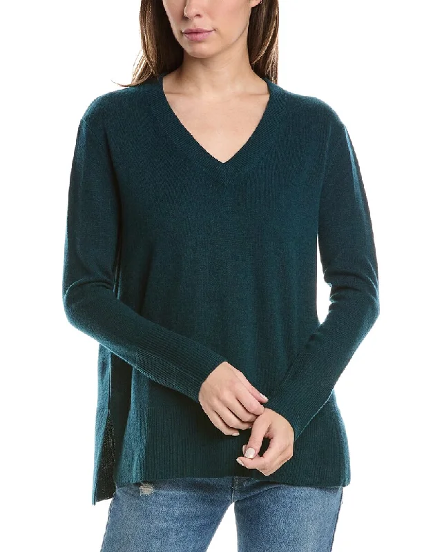 Forte Cashmere High-Low Seamed V-Neck Cashmere Sweater Designer sweaters