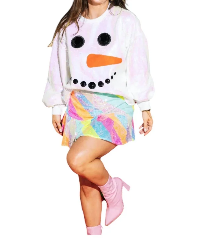 Sequin Snowman Sweatshirt In White Outdoor sweaters