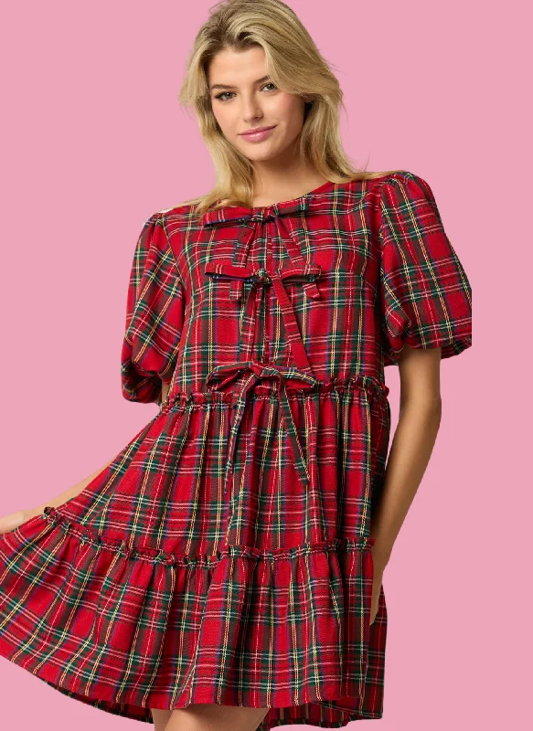 Christmas Plaid Bow Dress Women's mini dresses