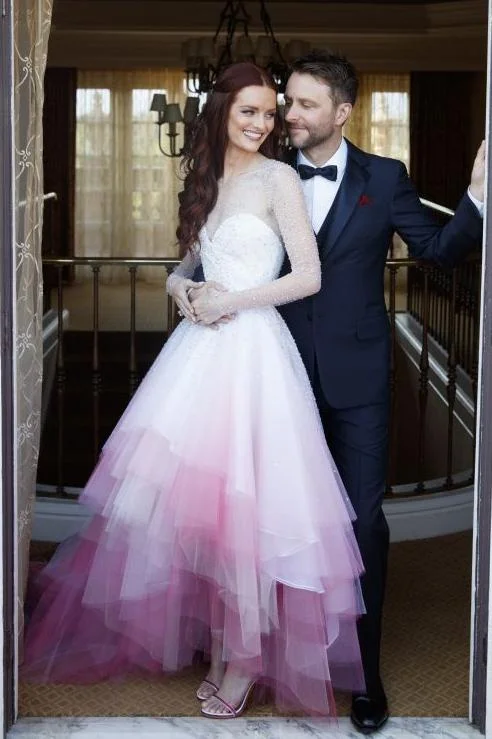 A-line Colorful Pink and White Long Sleeves Sheer Long Wedding Dress Ombre Bridal Gown N486 Princess Wedding Dress