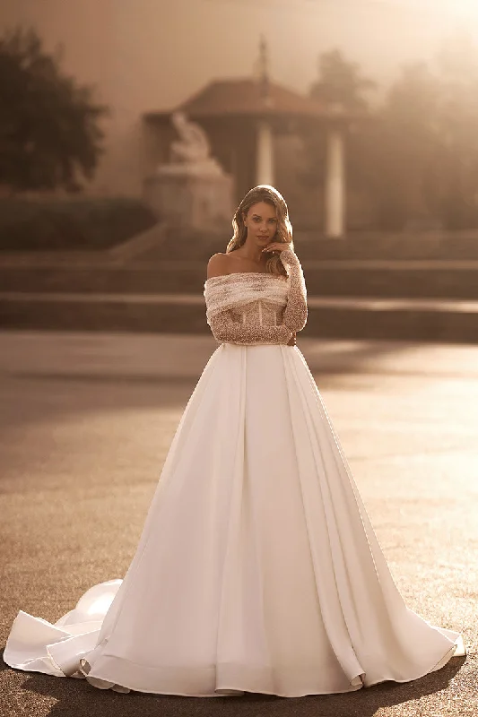 A line Off the Shoulder Long Sleeves Rustic Wedding Dress with Court Train QW0850 Ruffled Wedding Dress