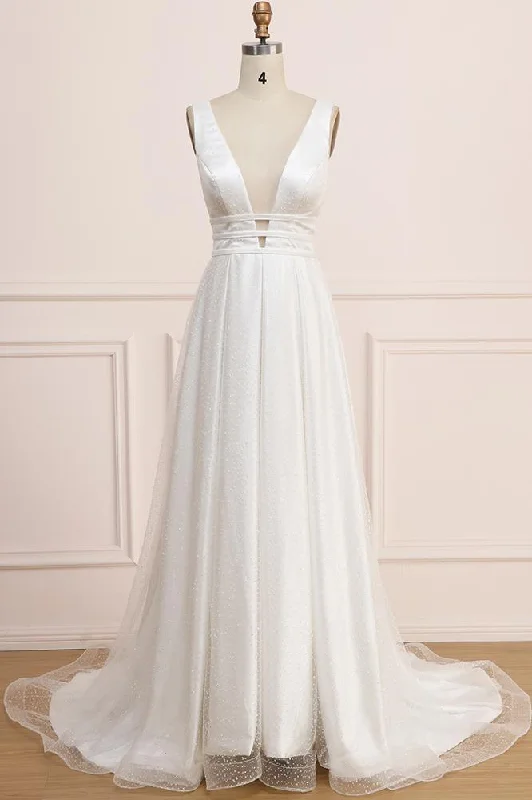 Deep V Neck Sleeveless Bridal Dress, Backless Long A Line Wedding Dress N2270 Romantic Satin Dress