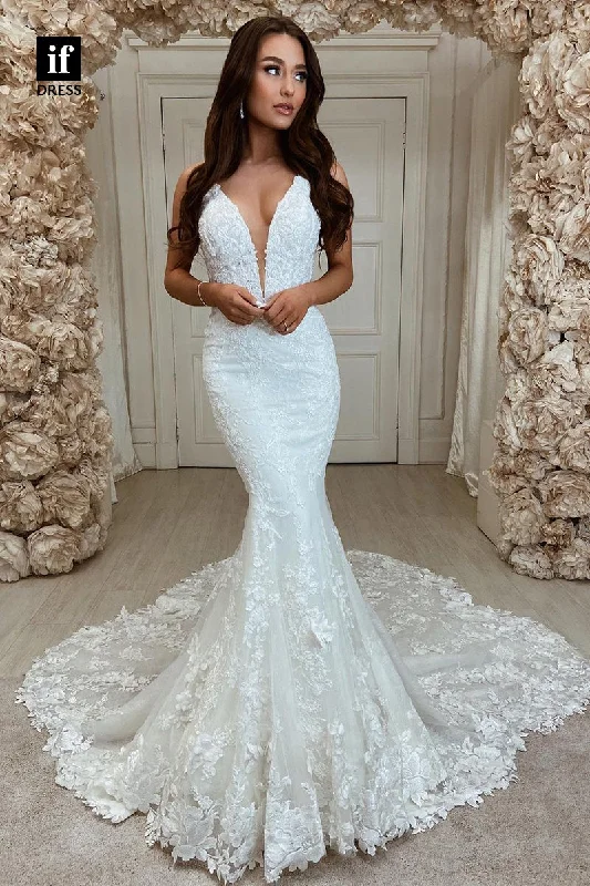 31603 - Elegant Plunging V-Neck Lace Appliques Mermaid Wedding Dress Tiered Wedding Dress