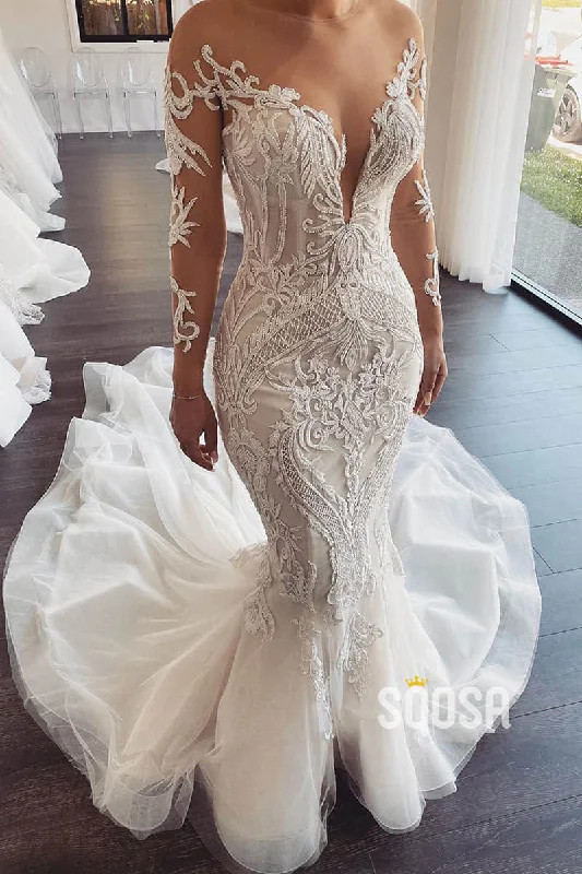 Unique Illusion Neckline Luxury Lace Appliques Mermaid Wedding Dress QW2487 Full Skirt Gown