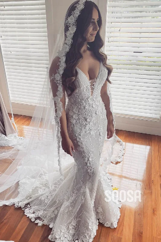 Attractive V-neck Ivory 3D Lace Mermaid Wedding Dress QW2497 Boho Wedding Gown