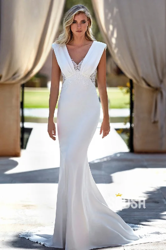 Mermaid V-Neck Lace Satin Casual Wedding Dress Boho Bridal Gowns QW8052 Vintage Lace Dress