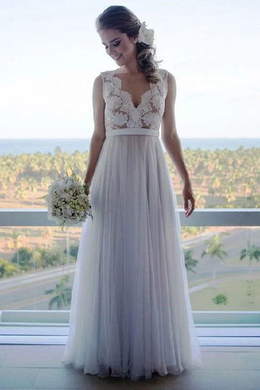 Elegant V Neck A Line Lace Wedding Dresses Long Bridal Gown Strapless Bridal Dress