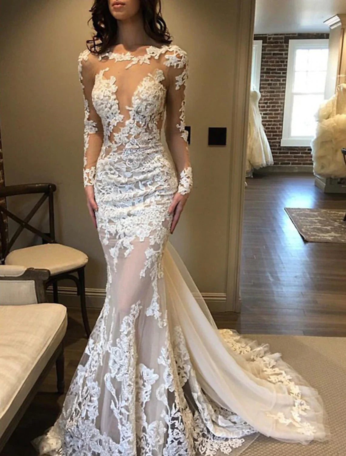 Engagement Formal Wedding Dresses Mermaid / Trumpet Jewel Neck Long Sleeve Court Train Lace Bridal Gowns With Pleats Appliques Romantic Satin Dress