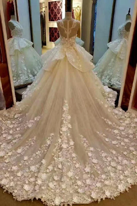 Gorgeous Sleeveless Ball Gown Appliques Flowers Court Train Wedding Dress N487 Vintage Lace Dress