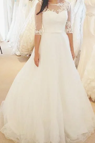 Ivory Half Sleeves Floor-length Bateau With Lace Applique Tulle Wedding Dress Bridal Gown N495 Satin Wedding Dress