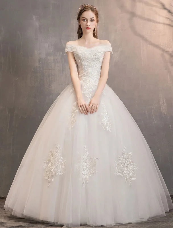 Ivory Wedding Dresses Tulle Off The Shoulder Lace Applique Floor Length Princess Bridal Gown Simple Satin Gown