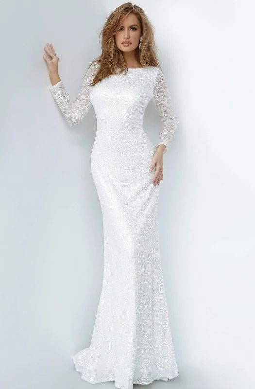 Jovani - 2927 Long Sleeve Bateau Glitter Sheath Dress Sheer Wedding Dress