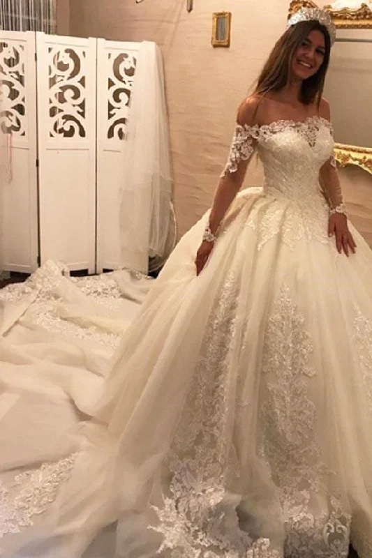 Luxury Off the Shoulder Long Sleeve Ball Gown Chapel Train Appliques Wedding Dress N619 Elegant Bridal Gown