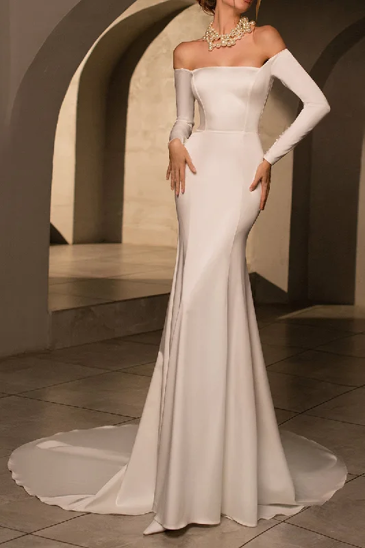 Trendy Strapless Long Sleeves Simple Satin Mermaid Wedding Dress QW0935 Formal Wedding Dress