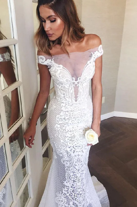 Off-the-Shoulder Sweep Train Mermaid Wedding Dress with Appliques Wedding Gown Set