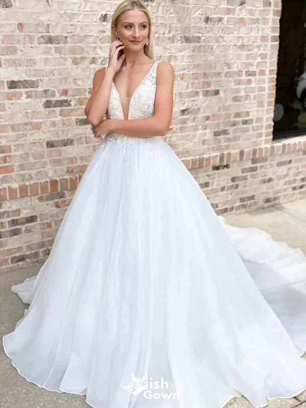 Romantic Spaghetti Straps V Neck Sleeveless With Trailing Applique Popular Bridal Long Wedding Dresses, WDH142 Open Back Dress