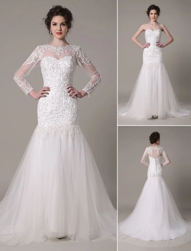 Sequined Wedding Dress Detachable Neckline Lace Applique Mermaid Court Train Bridal Dress Exclusive Open Back Dress