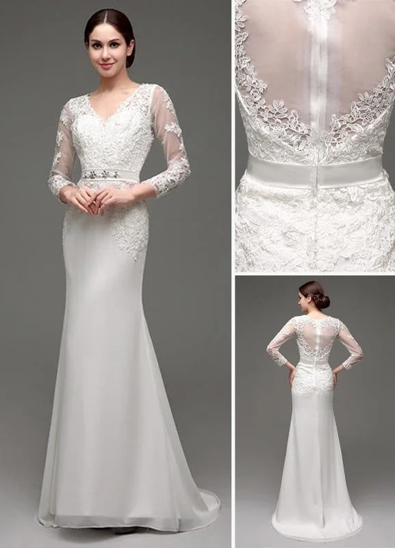 Sheath/Column Long Sleeves Illusion Back V-Neck Bridal Gown With Rhinestone Sash Sleek Wedding Dress