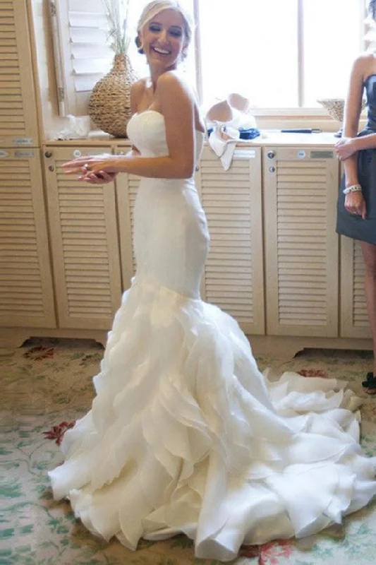 Strapless Mermaid Sweetheart Ruffles Sweep Train Organza Satin Wedding Dress N461 Strapless Bridal Dress