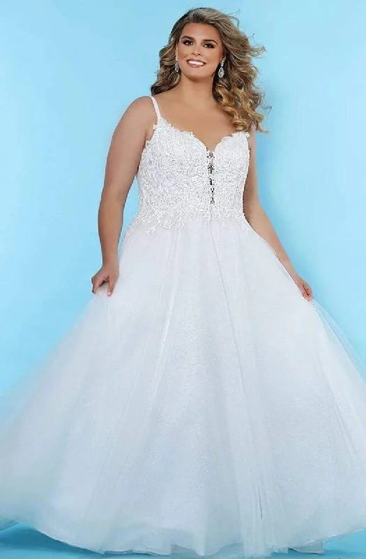 Sydney's Closet - SC5239 Appliqued V-Neck A-Line Dress Glamorous Wedding Dress