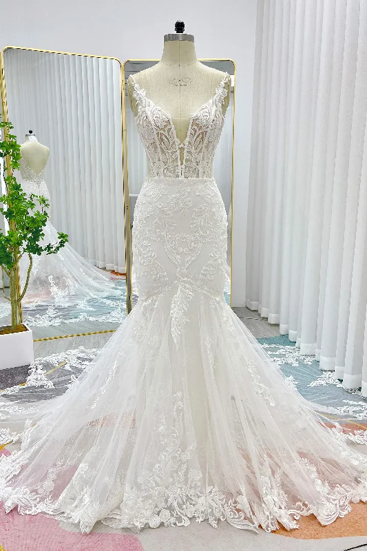 Trumpet-Mermaid Cathedral Train Lace Tulle Wedding Dress CW3256 Mermaid Lace Gown